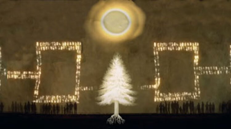 Artists rendering of the Haudenosaunee flag with a tree and eclipse