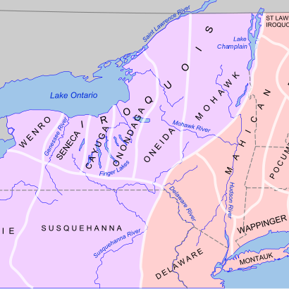 A map of what is now New York State, showing the demarcation between areas of the Seneca, Cayuga, Onondaga, Onieda and Mohawk tribes that form the Haudenosaunee Confederacy
