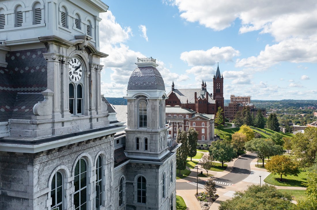Drone shot of the Hall of Languages and Maxwell school