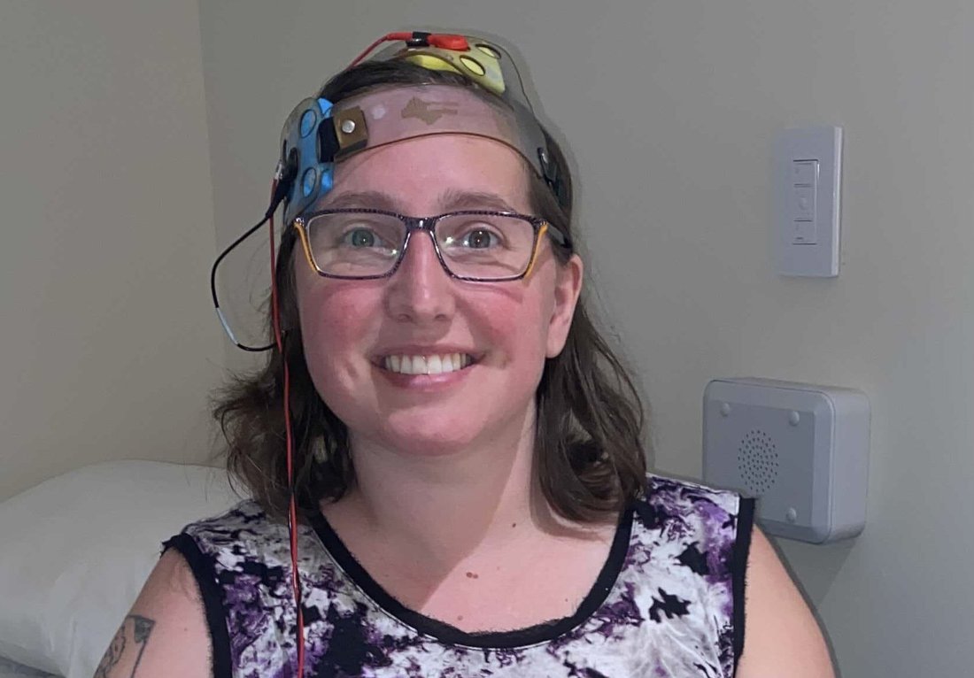 A patient receiving transcranial direct current stimulation at the Aphasia Lab.