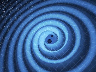 An artist's rendering of the merger of two black holes and the resultant gravitational waves rippling outward from it, as the black holes spiral toward each other.