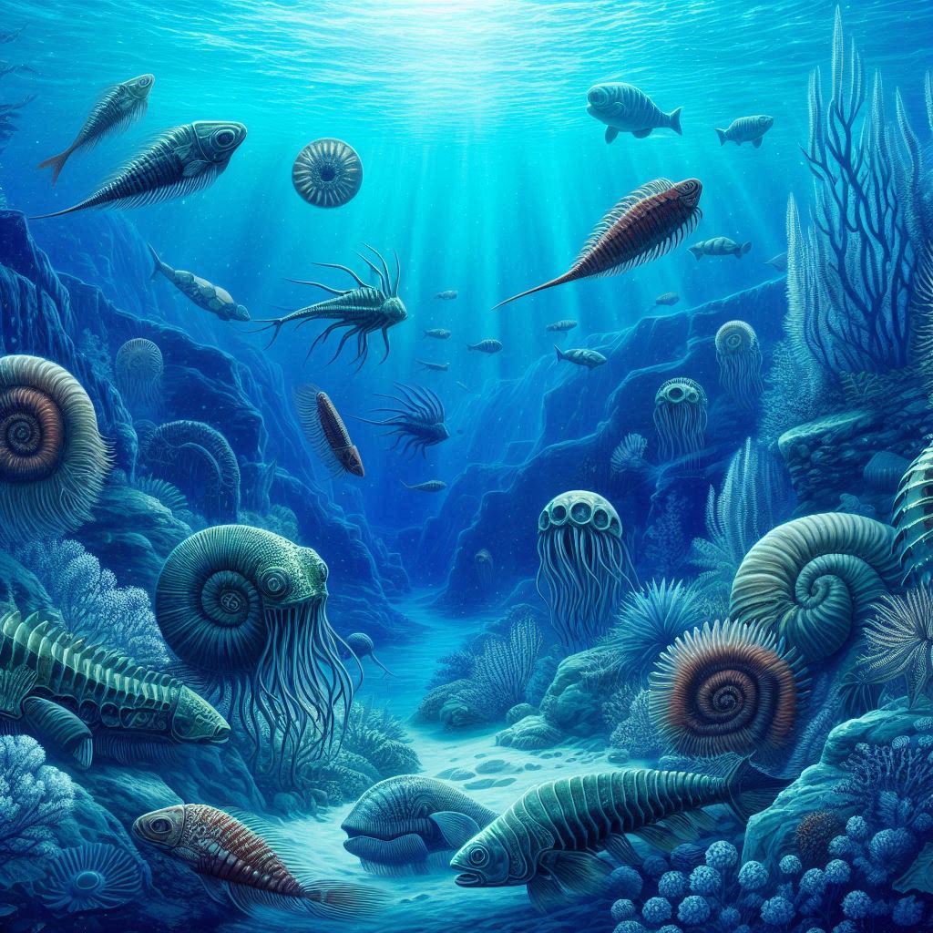 AI-generated image of what the ocean may have looked like during the Paleozoic era, around 500 million years ago.