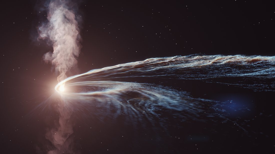 Artists depiction of a supermassive black hole tearing apart a star, with roughly half of the star debris was flung back out into space, while the remainder formed a glowing accretion disc around the black hole.