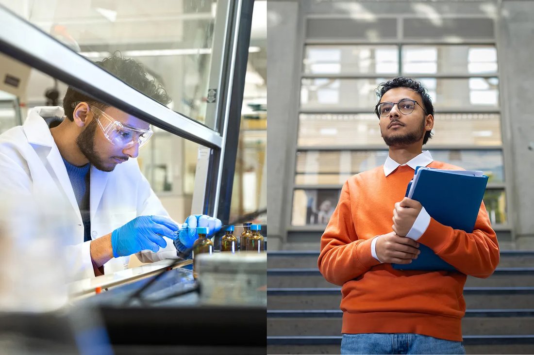 Image of a person working in a lab and in a stairway holding books.