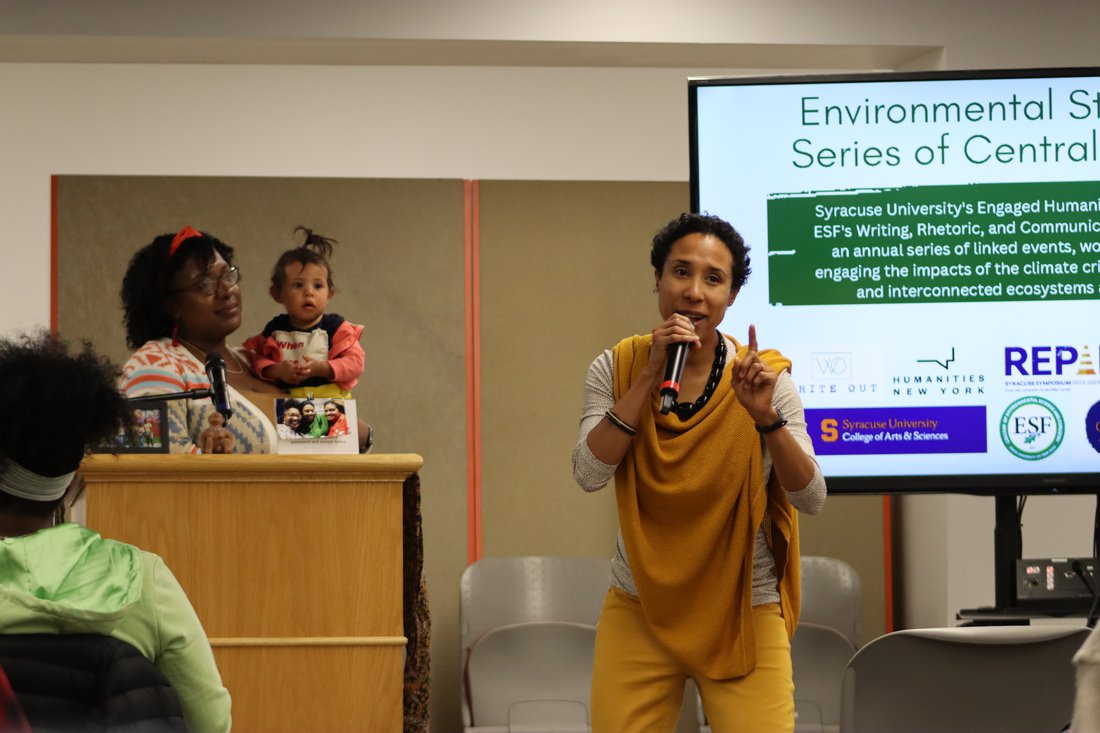 EHN Graduate Assistant Sarah Nahar speaks at an Environmental Storytelling Event