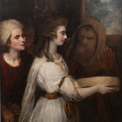 Painting of a woman in a white dress with two people in the background.