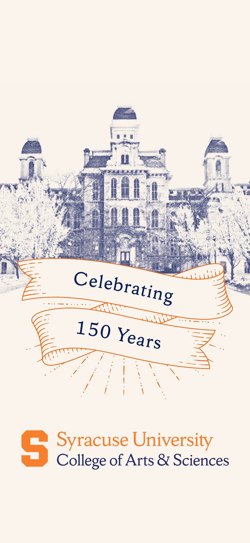 Phone wallpaper shows line sketch of Hall of Languages behind a banner that reads Celebrating 150 Years.