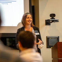 Physics Professor Lisa Manning leading a discussion at the Convergence Accelerator workshop in Cambridge, Massachusetts.