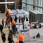 A&S students presenting their work at the 2025 Undergraduate Research Festival in the Life Sciences Complex’s Milton Atrium.
