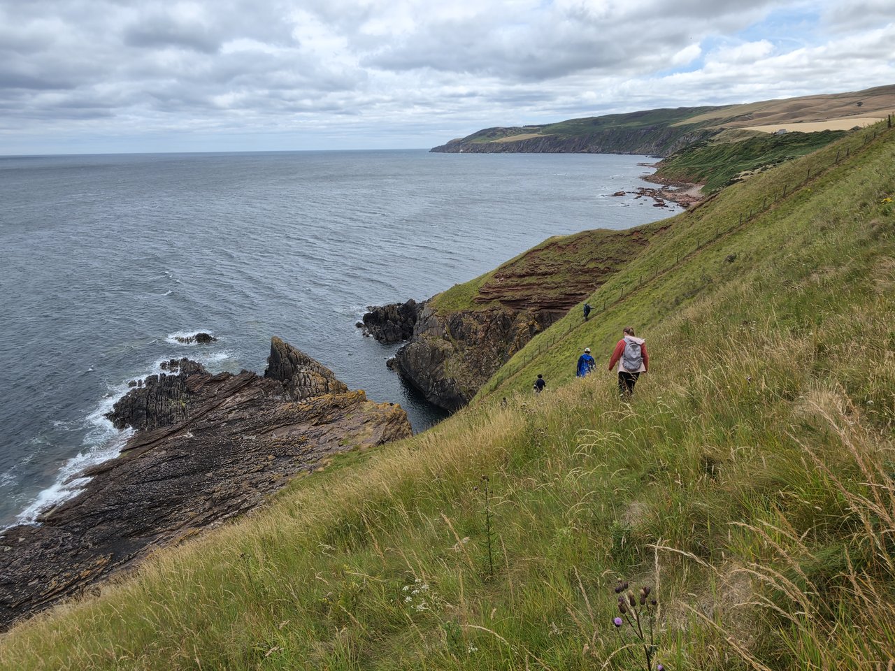 Group of people walking along the Scottish coastline.