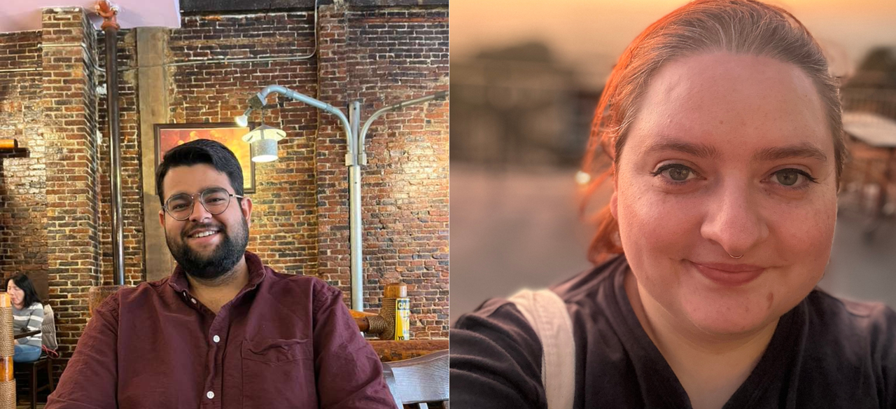 Side by side of two photos, on the left a man in a red shirt and on the right a woman in a dark shirt.