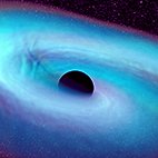 Graphic depicting a black hole merger with colors swirling around a black circle.