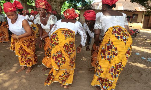 A group of women participating in a dance performance in Imo State, southeastern Nigeria.