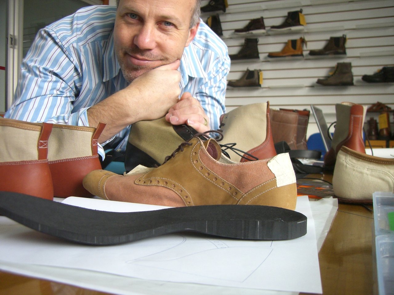 Man with various shoes.