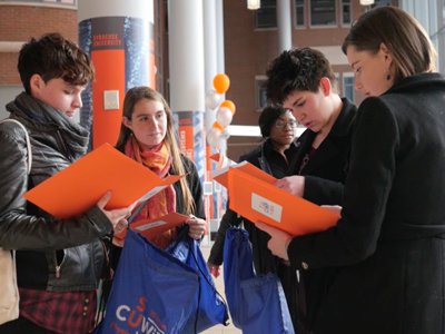 CUWiP attendees in Milton Atrium of Syracuse's Life Sciences Complex