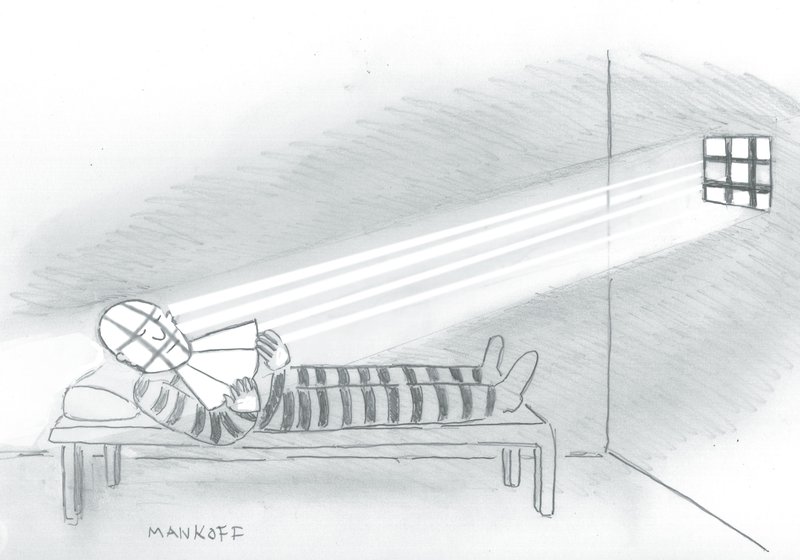 Cartoon drawing of a prisoner with sun streaming through the window.