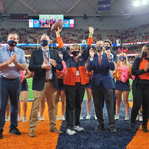Eileen Collins attended every football game during her time as a student at Syracuse. She got to take the field herself as a “Hometown Hero” during the Orange’s game against Boston College on October 30, 2021.