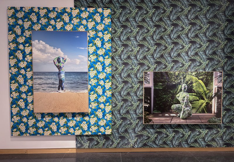 Two artworks showing a woman dressed in tropical clothing.