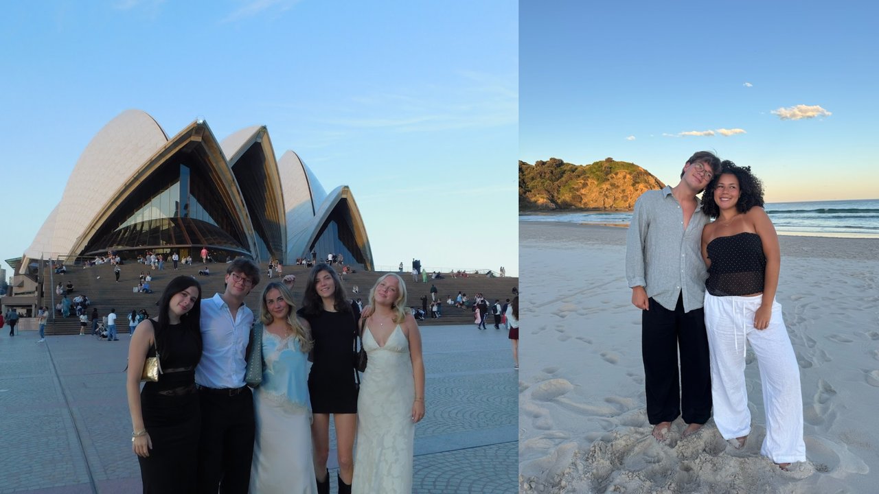 Two photos: on the left a group in front of Sydney Opera House, on the right on a beach.