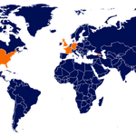 Orange and blue world map showing where Coronat Scholars are studying.