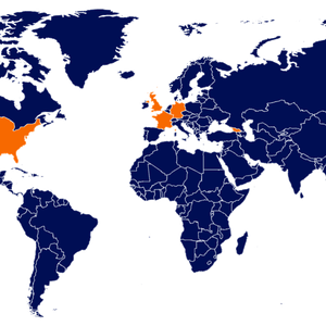 Orange and blue world map showing where Coronat Scholars are studying.