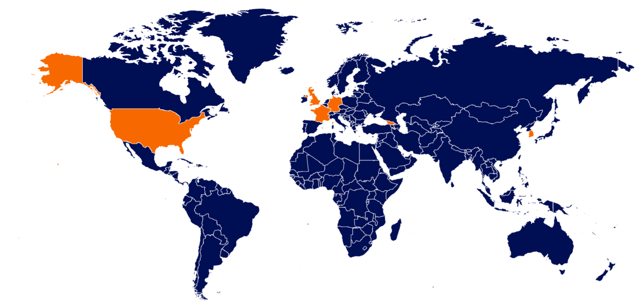 Orange and blue world map showing where Coronat Scholars are studying.
