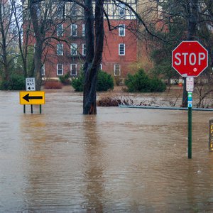 Flooded street with a stop sign and building in the background.