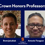 Graphic with photos of two people and text reading Crown Professors and Brett Jakubiak and Antonio Tiongson.