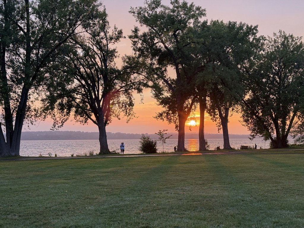 Sunset over a lake with trees and grass in the foreground.