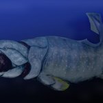 An artistic depiction of Dunkleosteus, a prehistoric jawed fish.