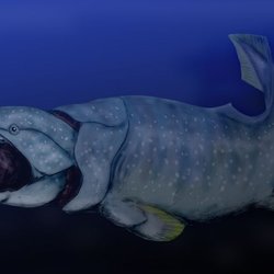 An artistic depiction of Dunkleosteus, a prehistoric jawed fish.