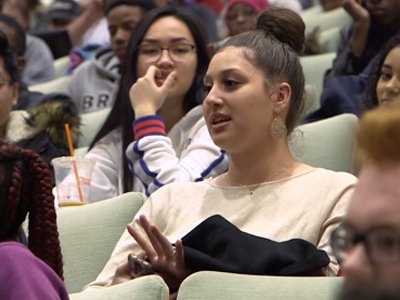 A local high school student asks a question during the 2018 Diversity Law Day event
