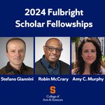 Headshots of Stefano Giannini, Robin McCrary and Amy Murphy with text that reads 2024 Fulbright recipients.