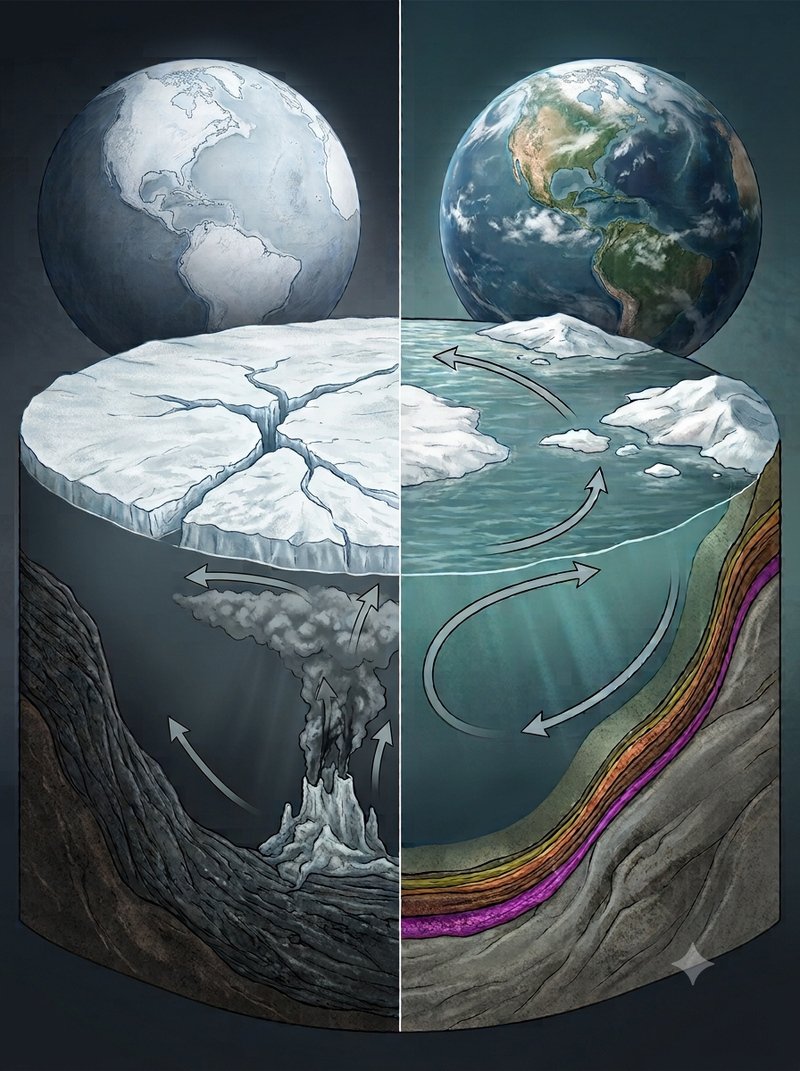 AI Image of contrasts in Earth's oceans during ancient glaciations and deglacial conditions.