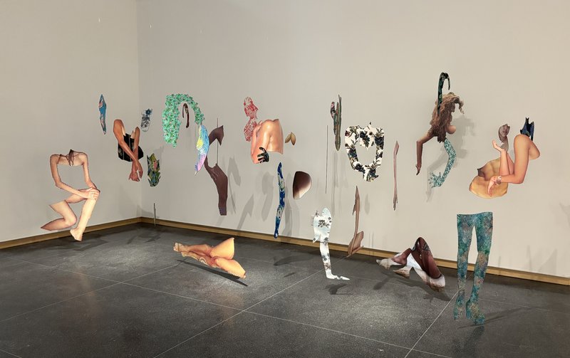 Digitally isolated individual body parts, enlarged and printed them on Sintra board, hanging from the ceiling.