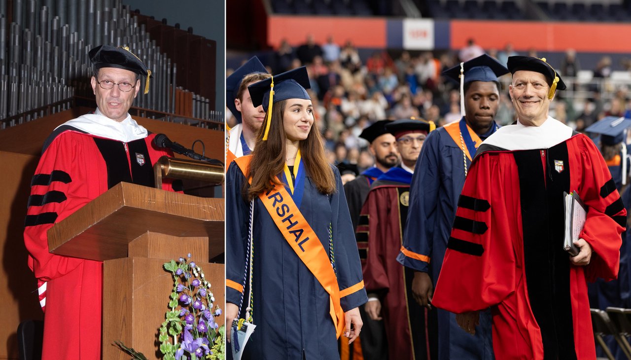 Side by side photos of a person standing at a podium and people in gowns walking at a Convocation ceremony.