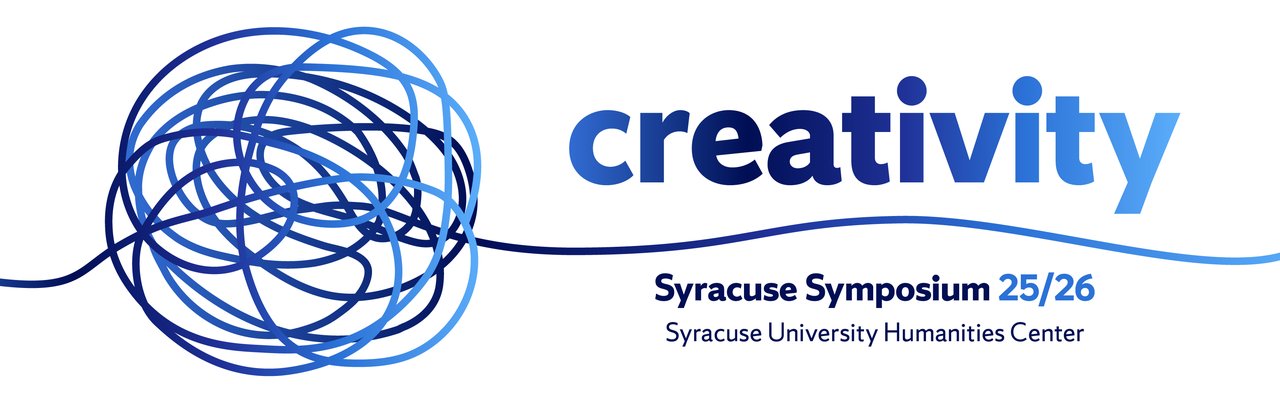 Blue graphic with text reading creativity, Syracuse Symposium 25/26.