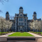 Hall of Languages building with spring flowers.