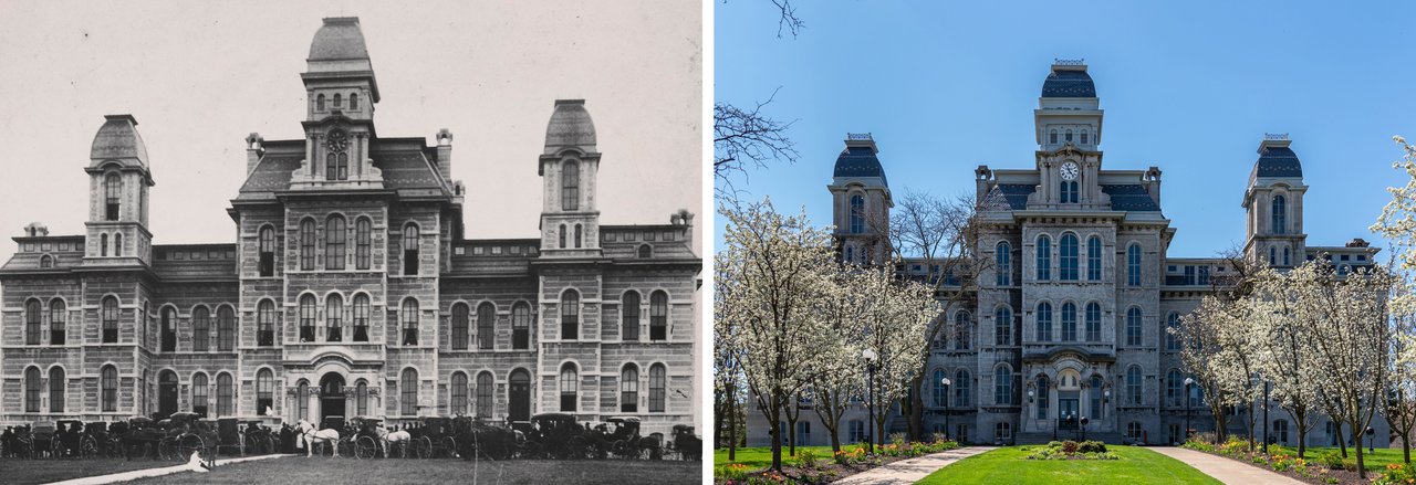 Old photo of Hall of Languages next to a present day photo of Hall of Languages.