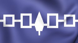 Haudenosaunee flag has a purple background with two white boxes, a white tree, and two more white boxes.