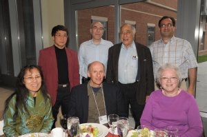 Arnold Honig at a 2010 celebration in his honor. Front row, left to right: Jingyu Lin G'89, Marty Abkowitz G'64, adn Ronnie Abkowitz. Back row, left to right: Xongxing Jiang G'86, Larry Honig, Arny Honig, and Jonathan Honig
