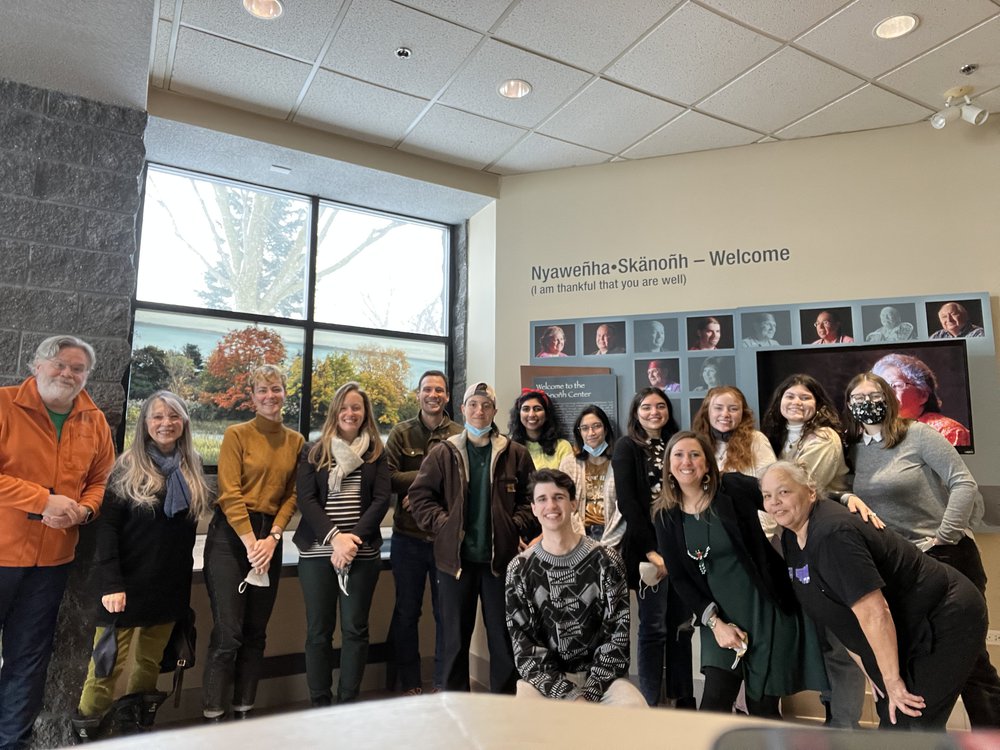 Group photo of 2021-22 Engaged Communities Cohort at the Skä•noñh Great Law of Peace Center