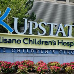 An exterior sign for Upstate Golisano Children's Hospital at One Children's Circle, surrounded by pink flowers in bloom.
