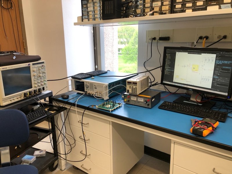 Fast-readout electronics board connected to a computer.