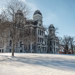 Exterior of Hall of Languages in winter.
