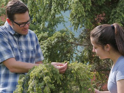 Jason Fridley works with student in SU's Climate Change Garden