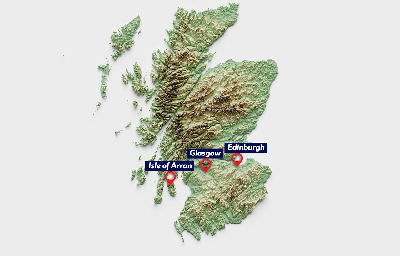 Map of Scotland with Pointers to Isle of Arran, Glasgow and Edinburgh.