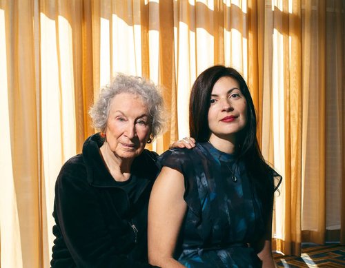 Margaret Atwood and Mona Awad seated together.