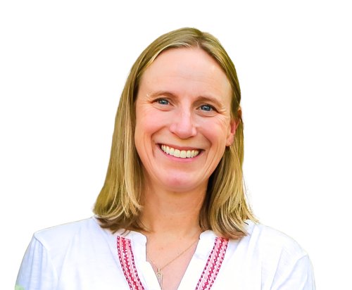 Melissa Birkett Greene in a white shirt with red trim