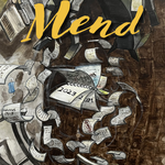 Mend journal cover with illustration of papers floating through the air.